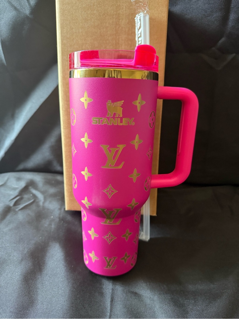 New Stanley 40oz Pink Laser LEngravedV Travel Mug with Gold Accents and Straw
